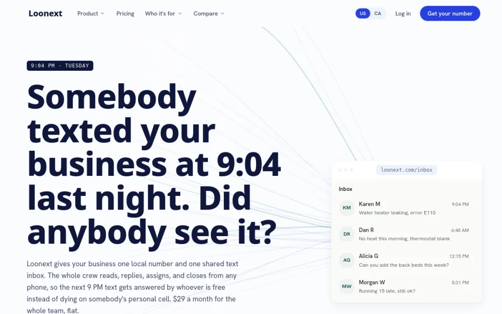 Loonext homepage, a business texting platform with one shared team inbox, built by Loonaro