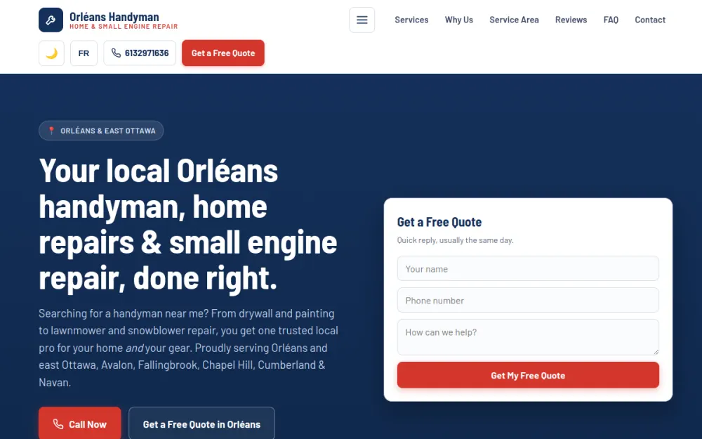 Orléans Handyman homepage, a bilingual local-service website designed and built by Loonaro